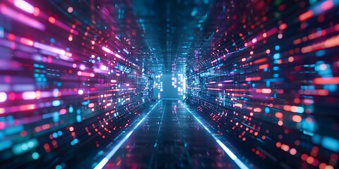 Obraz premium Abstract tunnel of vibrant neon lights moving at high speed, representing data flow and digital connection.