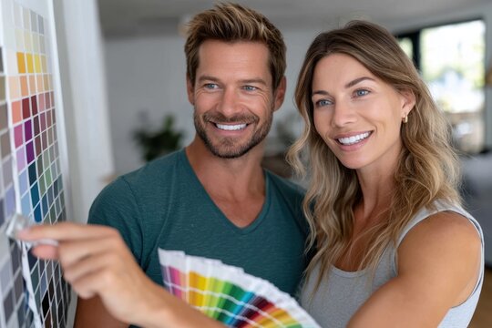 Couple selecting paint colors in a modern interior design space during daylight - Powered by Adobe
