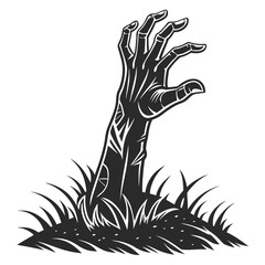 Black zombie hand rising from grassy ground black and white