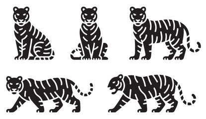 Obraz premium Black silhouette set of tigers in various poses – vector illustration of wild striped cats for nature and wildlife design themes