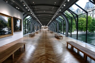 Modern art gallery with scenic river view and wooden benches dur