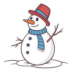 Cheerful snowman with red hat and blue scarf winter