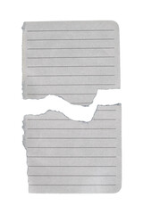 Folha de caderno pautado rasgada ao meio, com linhas horizontais, bordas irregulares e textura levemente envelhecida, destacada sobre fundo branco; perfeita para conceitos de escrita.