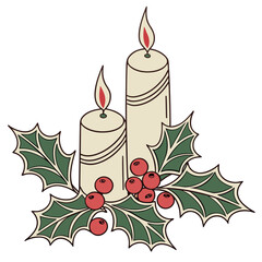 Christmas candles with holly berries and leaves vector