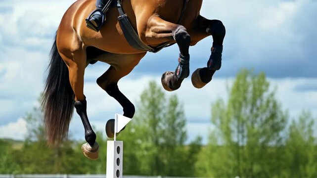 Dynamic low-angle shot of a horse and rider mid-jump, capturing the energy and grace of equestrian sports, ideal for a sports video theme.