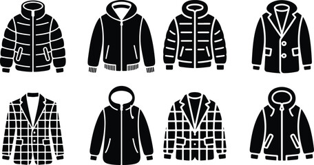 Patterned Coat and Jacket Icon Silhouette Set Stylish Winter Garment Silhouette Collection