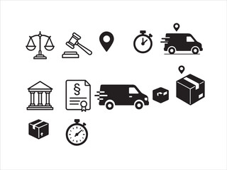 Law and Delivery Service Icons Set  Justice Legal Document Fast Shipping and Logistics Symbols