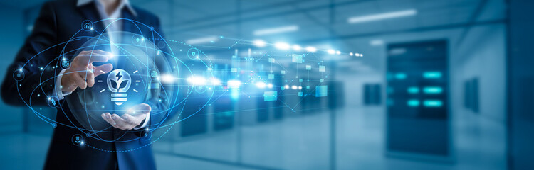 Businessman hand hold energy technology, renewable energy systems, smart grids, sustainable power,...