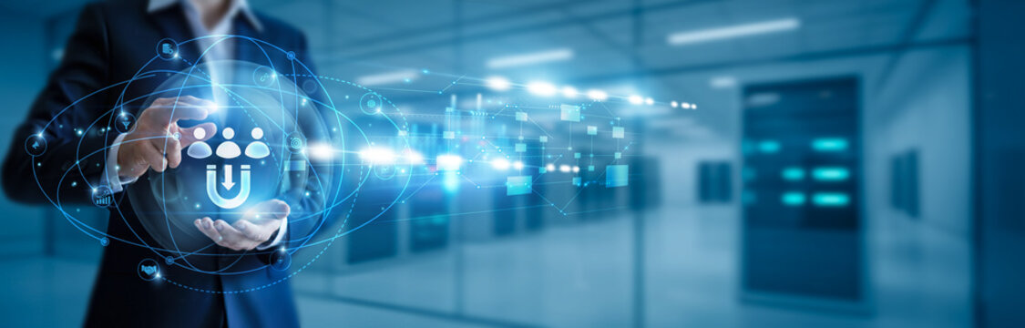 Businessman hand hold lead generation, digital marketing funnels, inbound marketing, targeted campaigns, sales prospects, B2B lead capture, customer engagement, conversion rate optimization