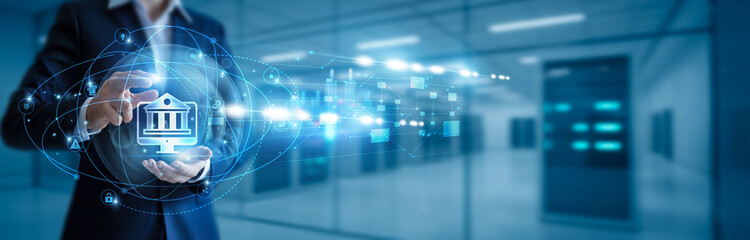 Businessman hand hold online banking, digital payments, mobile banking apps, secure transactions,...