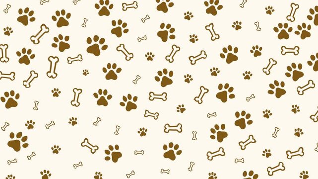 Doodle pet pattern video animation background with brown paw prints and bones, ideal for pet products, stationery, textile designs, and children illustrations. seamless loop animated