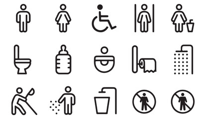 Bathroom and sanitation icon collection &ndash; black and white line art vector of shower, toilet, and hygiene equipment