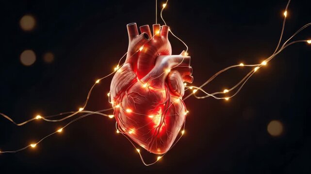 Human heart wrapped in string lights against a dark background with bokeh