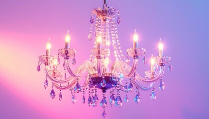 Elegant chandelier suspended, illuminated by soft candle-like lights and adorned with sparkling crystals, showcasing a luxurious, opulent design against a gradient backdrop blending pink and blue...