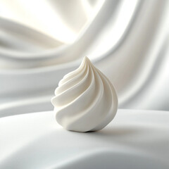 Swirled white meringue on smooth surface with draped fabric background  