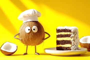 Cartoon coconut in a chef's hat next to a piece of coconut-topped cake. Coconut flakes advertisement.