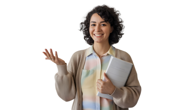Smiling young woman holding a book gesturing with her hand isolated on a white background