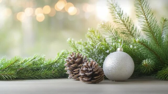 Festive Elegance: A Christmas scene with a snowy ornament and pine cones. The holiday is alive. 

