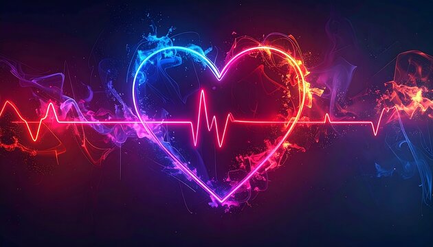 Neon heart with EKG line, vibrant colors,  glowing effects