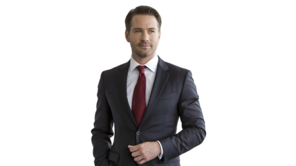 Man in a dark suit and red tie, standing confidently isolated on transparent background