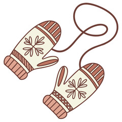 Pair of knitted mittens with snowflake pattern and string
