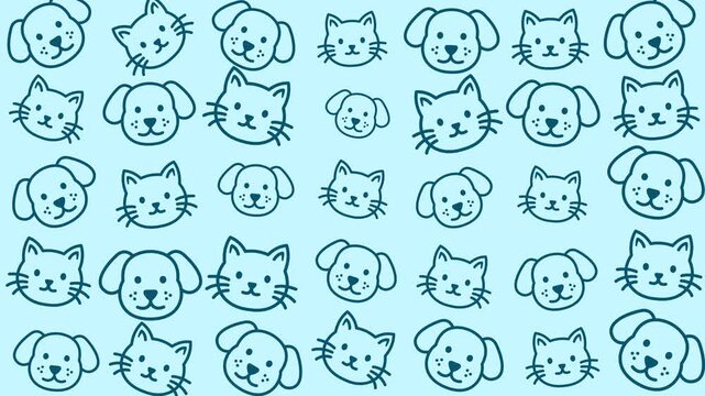Doodle pet pattern Blue background animation with dogs and cats. Perfect for pet promotions, veterinary clinics, or animal shelter materials. Cute and versatile. seamless loop animated
