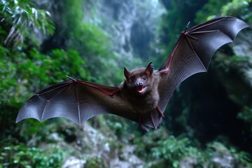 Obraz premium Bat in flight showcasing its wings in a lush green habitat during dusk