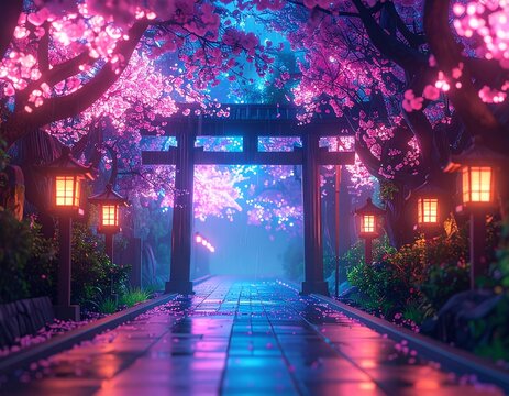 Mystical Cherry Blossom Torii Gate at Night