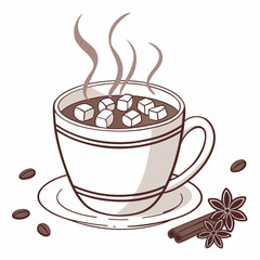 Steaming hot cocoa mug with marshmallows and spices