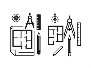 Architecture and Engineering Icons Set  Blueprint, Compass Ruler Pencil and Floor Plan Design Tools