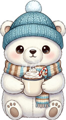 Cute Polar Bear with Cream Mug Hot Cocoa, Cozy Winter Illustration