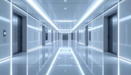 Modern interior design featuring a long, bright hallway with symmetrically placed elevator doors, illuminated by sleek white linear lights creating a futuristic, minimalist atmosphere.
