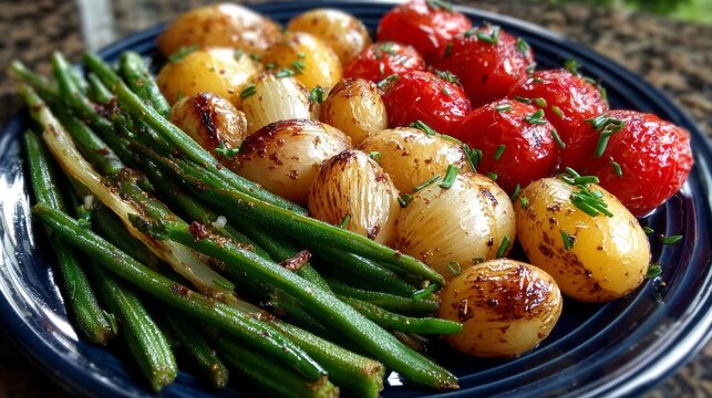 Deliciosa mezcla de verduras al horno con tomates, cebollas y jud&iacute;as verdes en un plato colorido