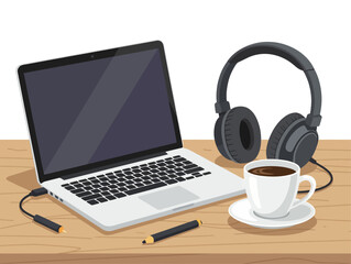 Fototapeta premium Open laptop, headphones, pencil, and coffee cup on wooden desk with white background, in vector flat graphic style, representing remote work or creative workspace