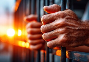 Close up of a person's hands gripping iron bars, likely in a prison or jail cell. The sunset or sunrise in the background suggests a sense of longing or hope
