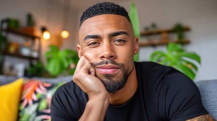 A handsome Man is relaxing on a grey couch. He is wearing a black shirt and has a trimmed beard. Several houseplants are nearby, creating a comfortable environment
