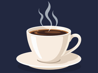 Obraz premium A steaming hot coffee cup on a saucer in a minimalist flat vector graphic style, placed against a dark navy background. Concept of warmth, comfort, and relaxation
