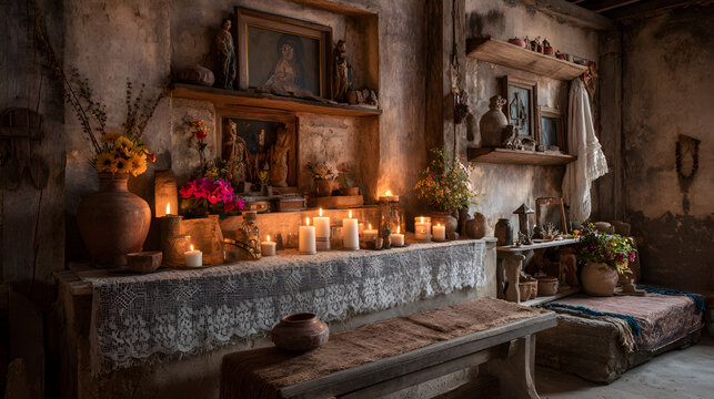 un altar de muertos en una habitacion de una casa en un pueblo tradicional y cultural con velas iluminando el altar celebracion religiosa y espitirual