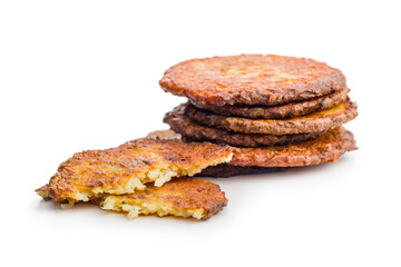 Fried potato pancakes isolated on white background.