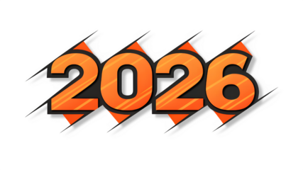 Orange 2026 numbers with arrow shapes isolated on transparent background