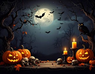 Spooky Halloween night with glowing pumpkins, candles, bats, and full moon in dark forest atmosphere