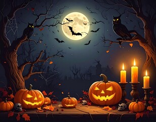 Spooky Halloween night with glowing pumpkins, candles, bats, and full moon in dark forest atmosphere