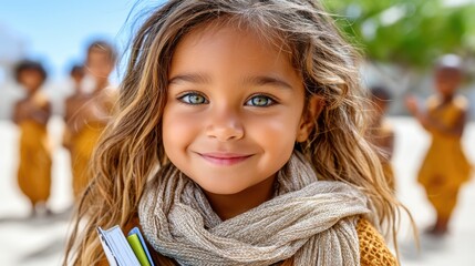 A young girl with captivating green eyes and a scarf smiles while holding books. Buddhist monks stand in the background, likely near a monastery in Myanmar, on a bright day