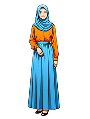 Cartoon Woman In Orange Top And Blue Skirt Hijab girl