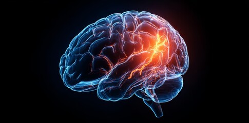 Obraz premium A detailed 3D medical illustration of the human brain's anatomy highlights the cortex and features glowing neurons, serving neurology, healthcare, and educational needs