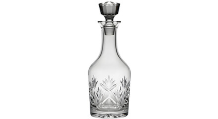 Clear glass decanter shines, featuring etched detail on black. Ideal for product shot, alcohol...