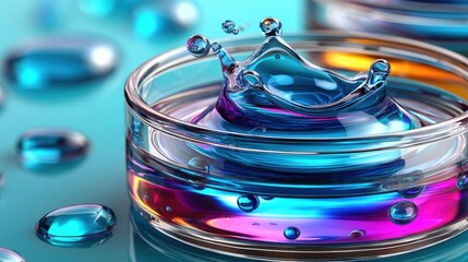 A splash is captured in a clear dish filled with blue liquid and iridescent colors. Several gel capsules are scattered around the dish on a reflective turquoise surface
