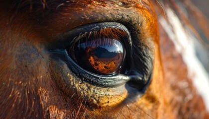 Close-up of a horse's eye.  Detailed view of the eye, showing its brown iris, eyelashes, and surrounding skin