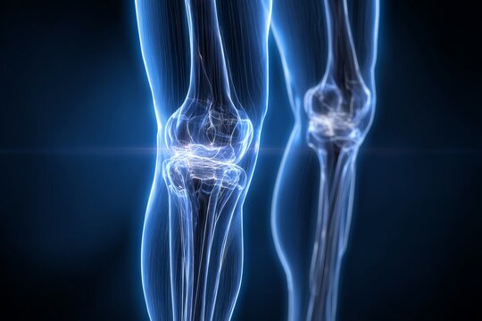 The anatomy of bones, ligaments, and an implant device are shown in a 3D medical illustration of a prosthetic knee joint replacement for orthopedic surgery and healthcare concepts