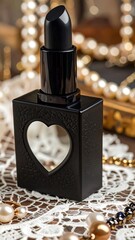 Black heart-shaped perfume bottle on lace